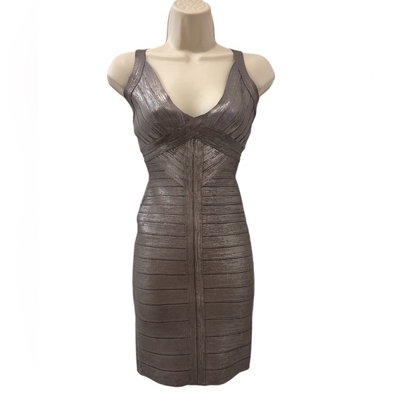 Herve Leger XS Metallic Bandage Dress V Neck Bodycon - Picture 1 of 9